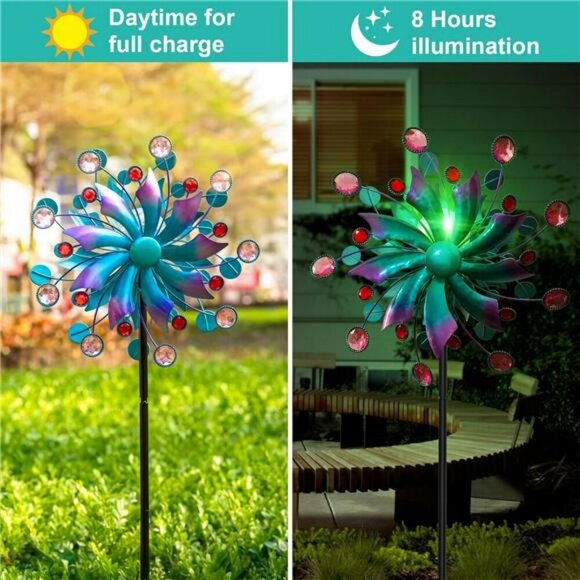 Solar Wind Spinner Outdoor Metal Kinetic Garden Decor LED Color Changing - Picture 4 of 7